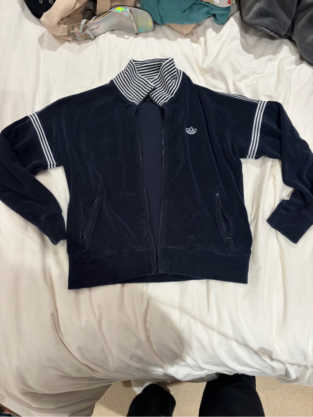 adidas Navy Velour Bomber Jacket with Striped Collar